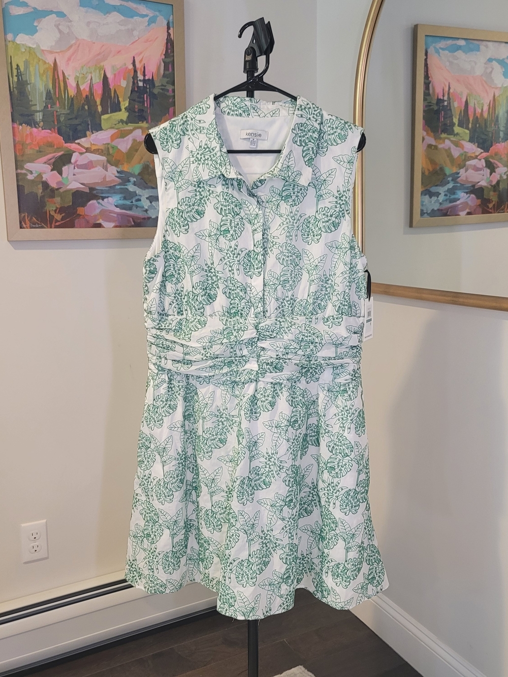 NWT KENSIE Embroidered Leaf Design‎ Sleeveless Collared A-line Dress Size 16